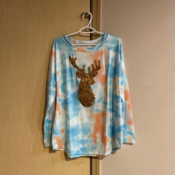 Qearal Tops - Women Large  Sequins Reindeer Christmas Gift Shirt Blouse Top Pretty Tie Dye